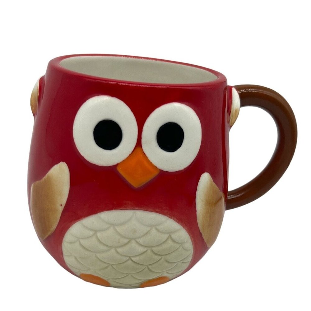 Owl Coffee Cup Mug Red, Big Eyes Whimsy Forest Animal Harry & David EUC